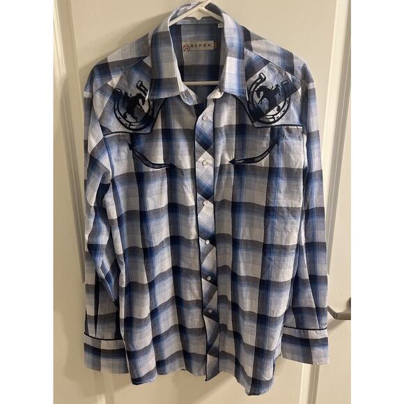 Roper Shirt Adult Large Blue Plaid Rodeo Western Cowboy Pearl Snap Mens - Picture 3 of 5